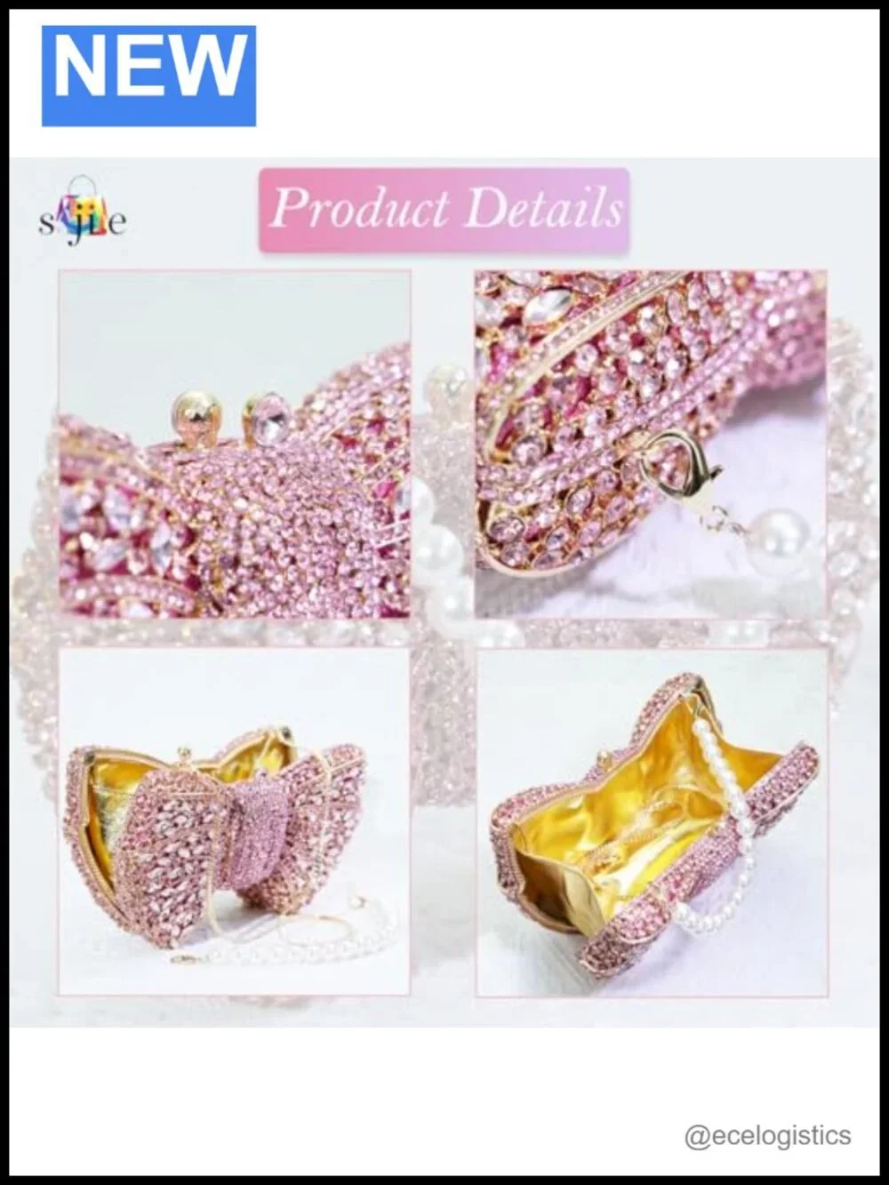 Handmade Rhinestone Bow Clutch Bag with Pearl Chain